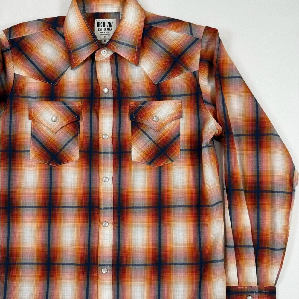 ELY CATTLEMAN Boys Plaid Western Snap Button Shirt Size M Classic Cowboy‎
